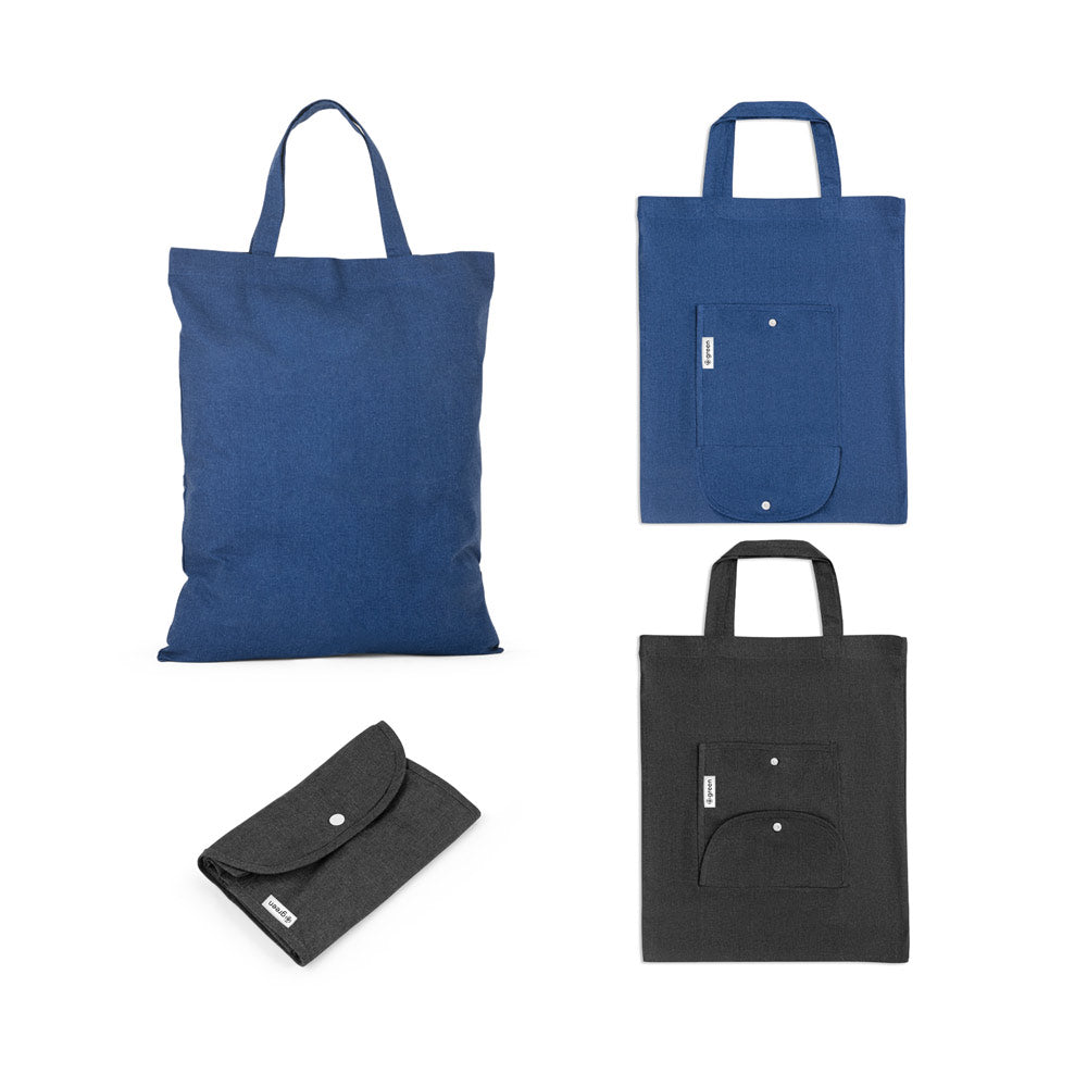 Sacola dobrável (140 g/m²) em 50% algodão, 30% algodão reciclado e 20% poliéster reciclado