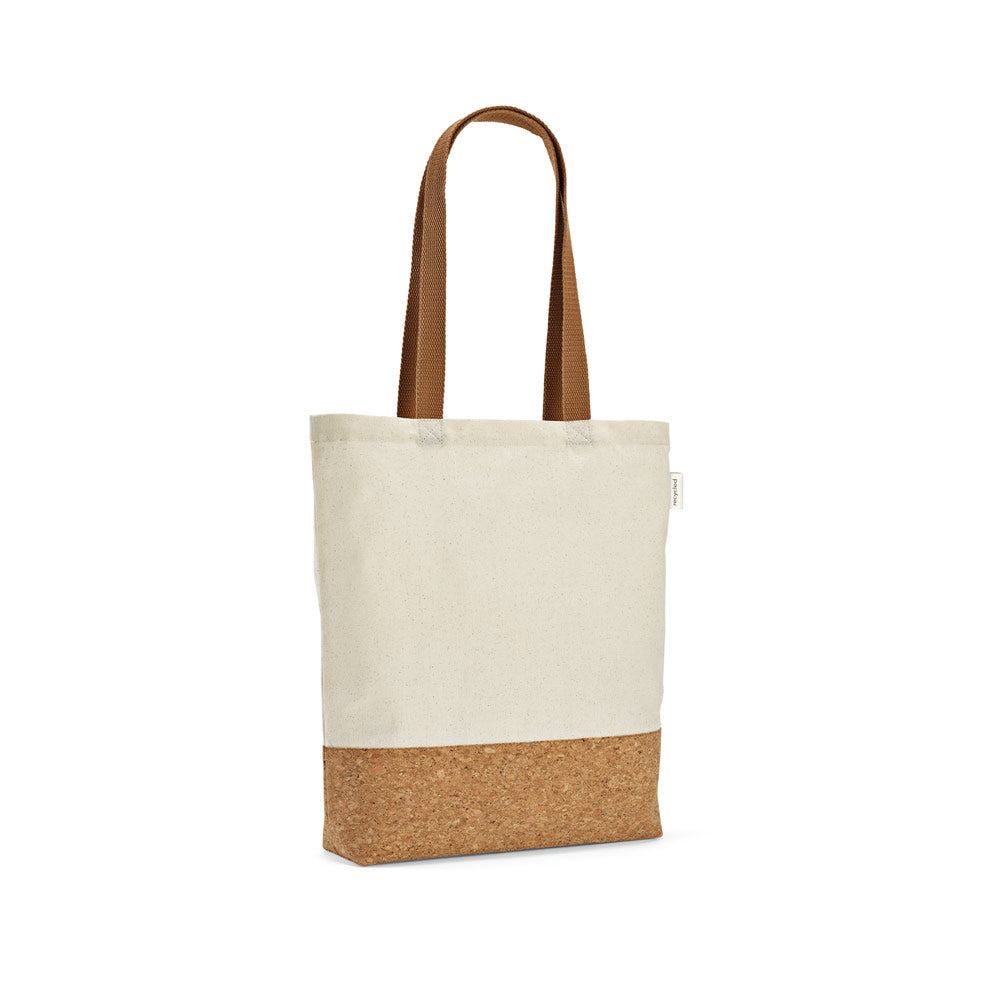 Sacola em 70% algodão reciclado e 30% poliéster reciclado (180 g/m²) com fundo em cortiça