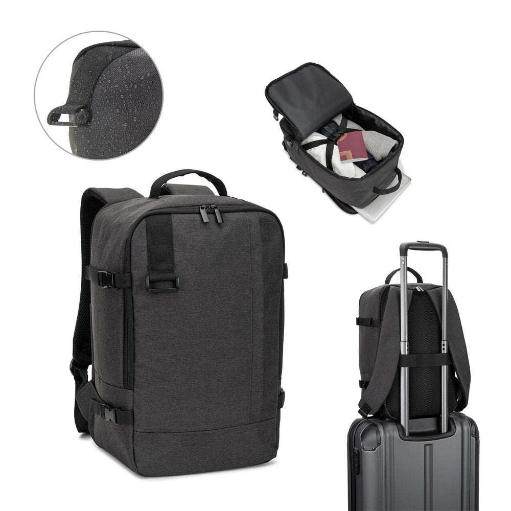 Mochila desenvolvida para cumprir as dimensões exigidas pelas companhias aéreas em poliéster reciclado 600D de alta densidade com acabamento repelente à água 20 L