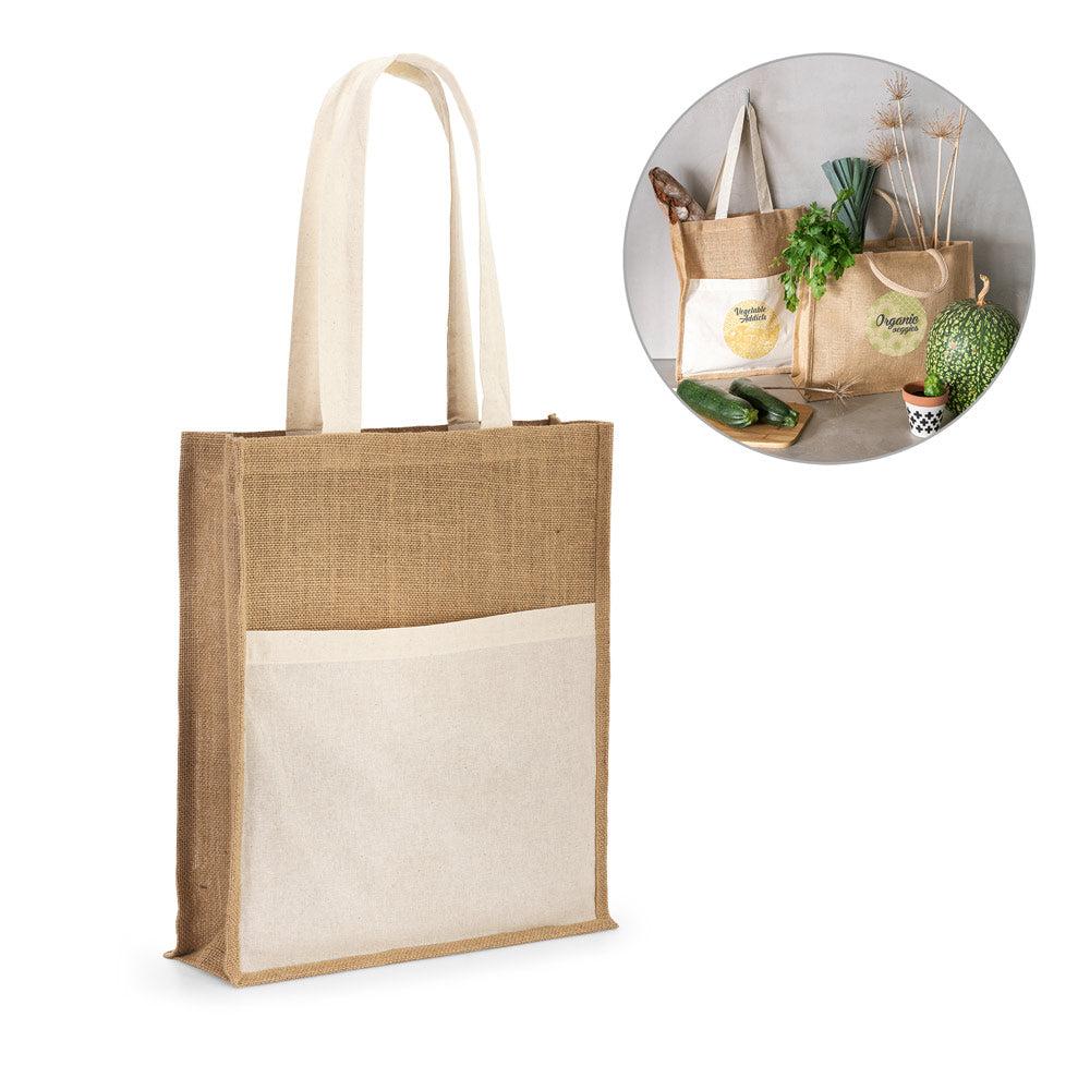 Sacola em juta (240 g/m²) e bolso em 100% algodão (140 gm²)