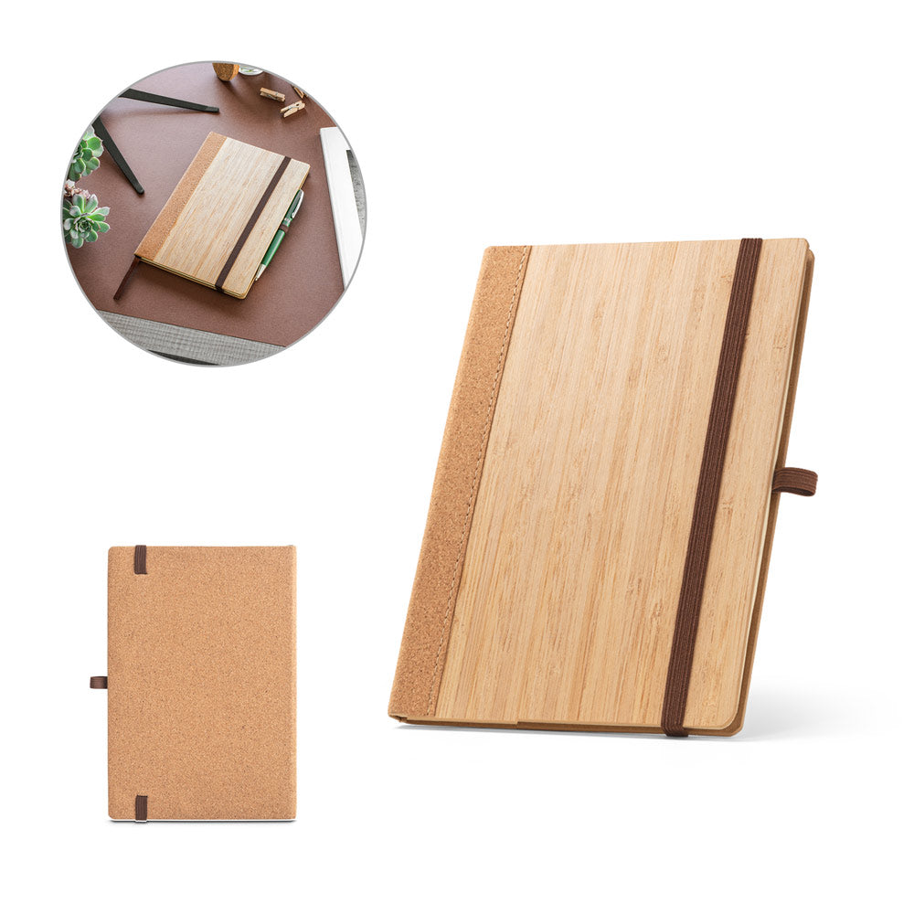 Caderno A5 de capa dura em folha de bambu e cortiça com 160 páginas pautadas