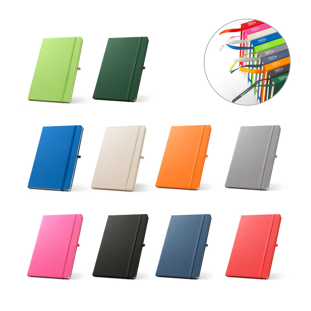 Caderno A5 de capa dura em PET 100% reciclado com 160 páginas pautadas recicladas