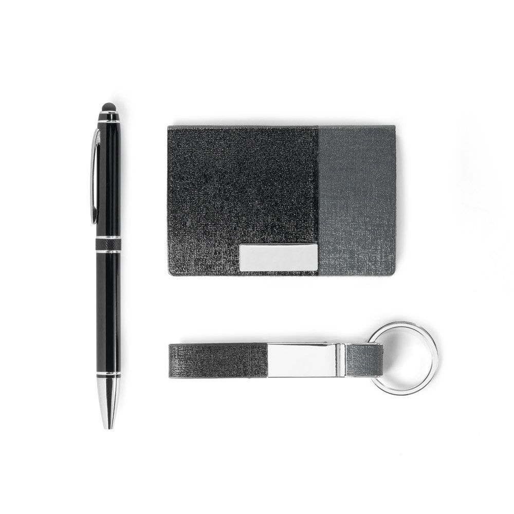 Kit de porta cartões, chaveiro e esferográfica em c.sintético, metal e alumínio