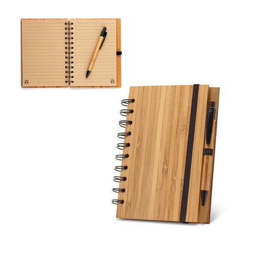 Caderno A5 espiral de capa dura em bambu com 140 páginas pautadas
