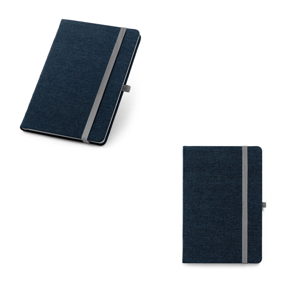 Caderno A5 de capa dura em tecido tipo jeans com 160 páginas pautadas