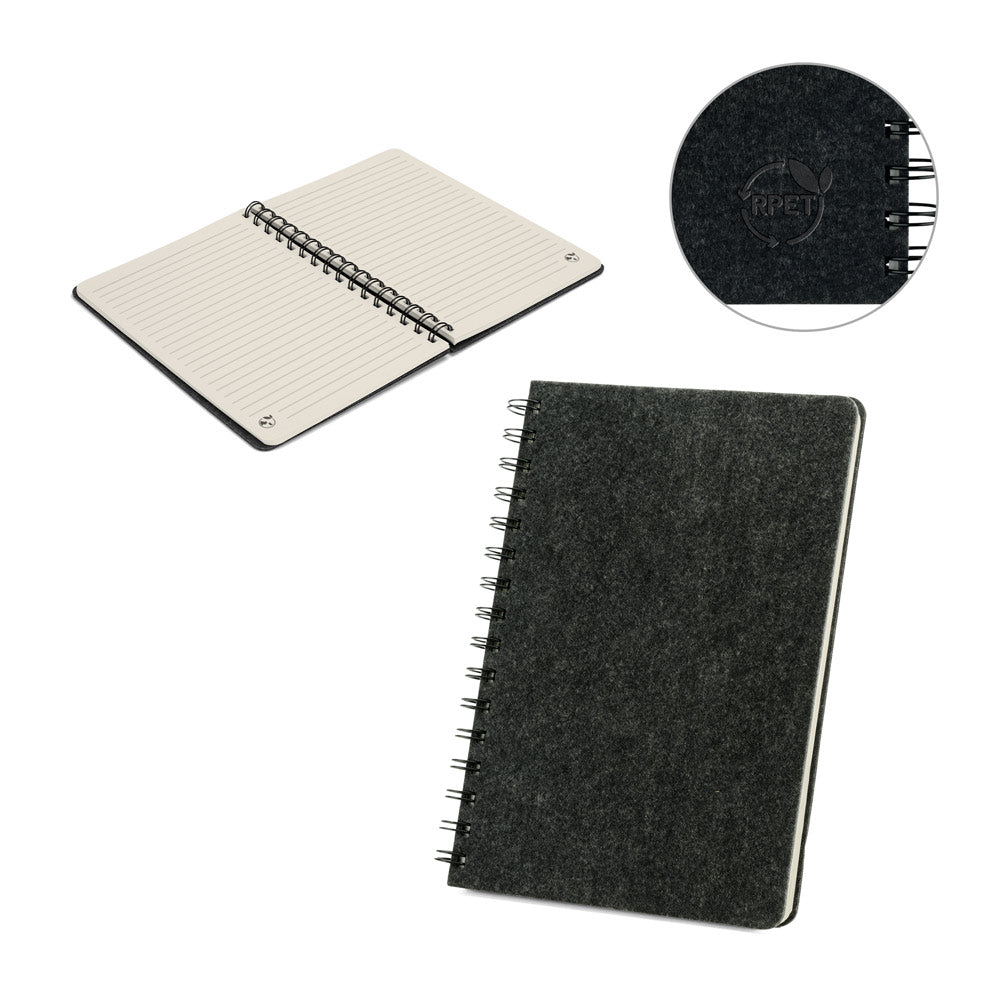 Caderno A5 de capa semi-rígida em feltro 100% reciclado, com argolas e 160 páginas pautadas