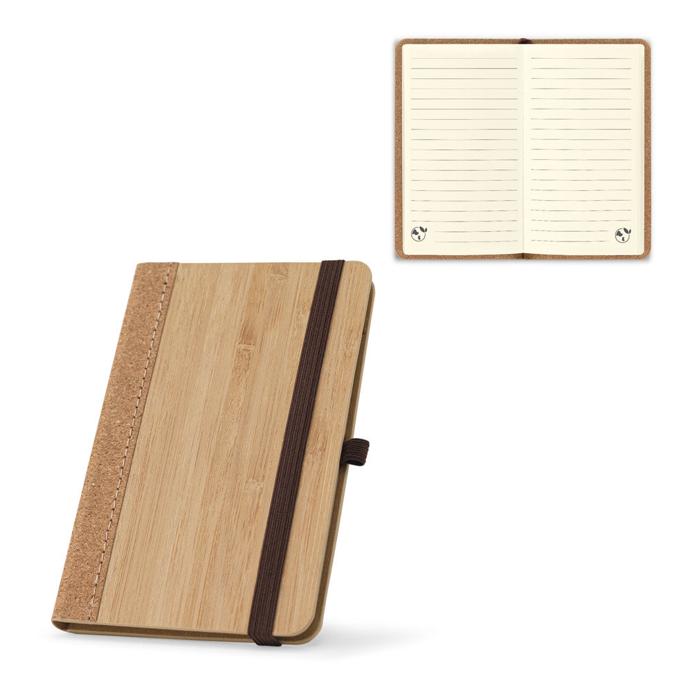 Caderno de bolso de capa dura em folha de bambu e cortiça com 160 páginas pautadas