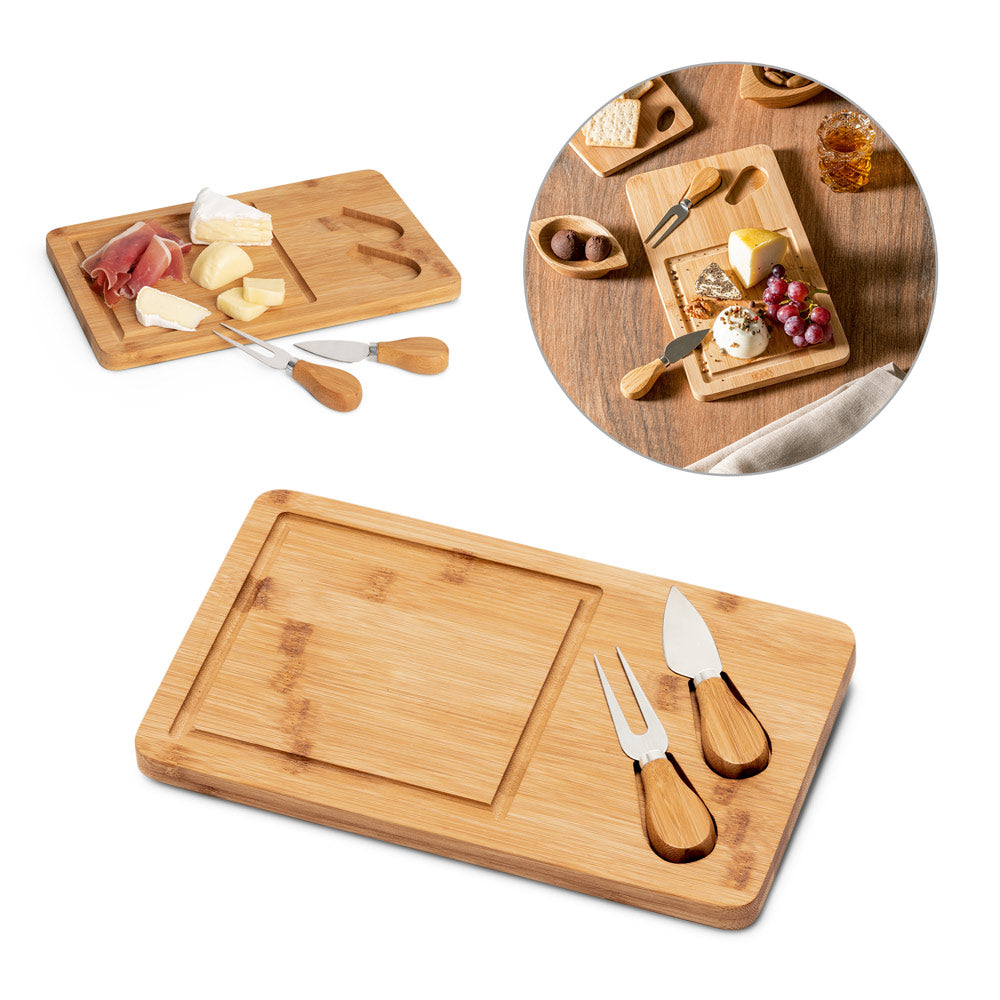 Tábua de queijos em bambu com 2 utensílios em bambu e aço inox