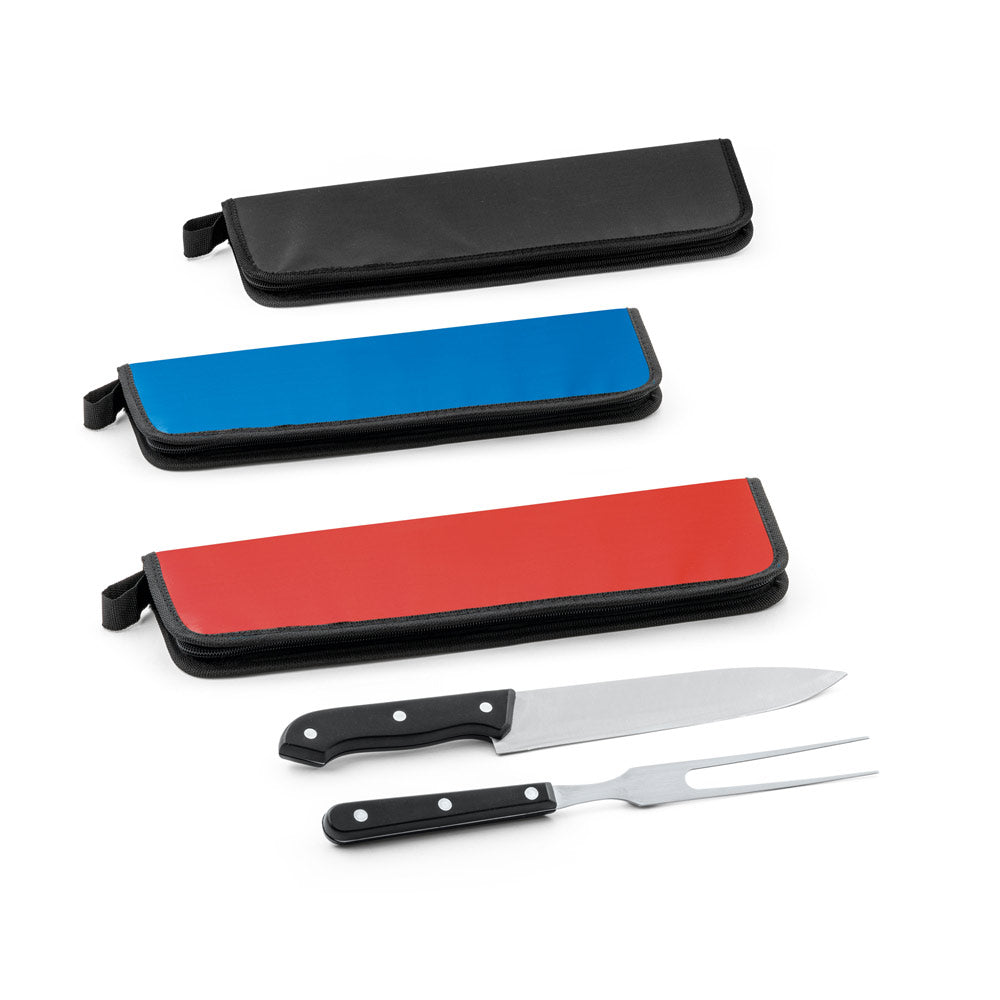 Kit churrasco em estojo em 210D em 2 utensílios em aço inox e PP