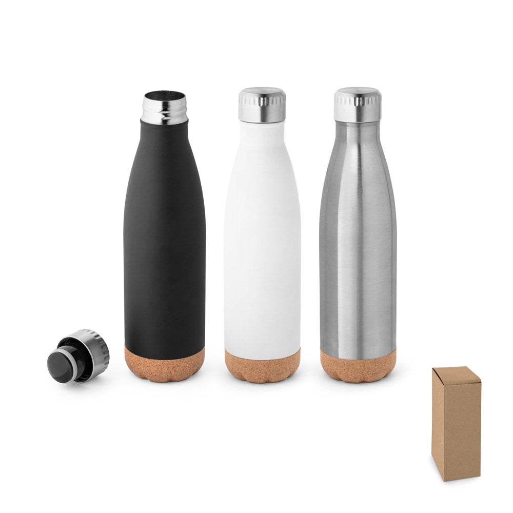 Garrafa em aço inox de parede dupla térmica, isolada a vácuo, com tampa em aço inox e base em cortiça 560 mL