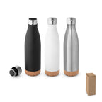 Garrafa em aço inox de parede dupla térmica, isolada a vácuo, com tampa em aço inox e base em cortiça 560 mL
