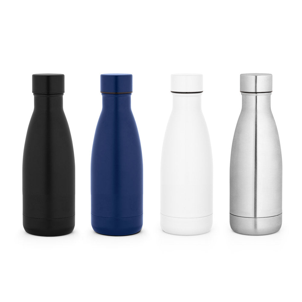 Garrafa térmica em aço inox 90% reciclado com parede dupla, isolada a vácuo e acabamento em mate 400 mL