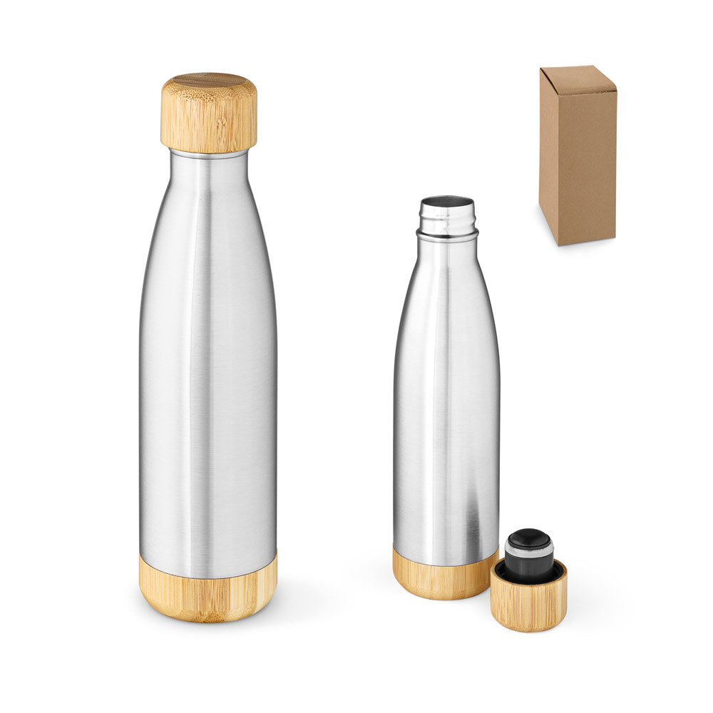 Garrafa em aço inox 90% reciclado de parede dupla térmica, isolada a vácuo com tampa em bambu 800 mL