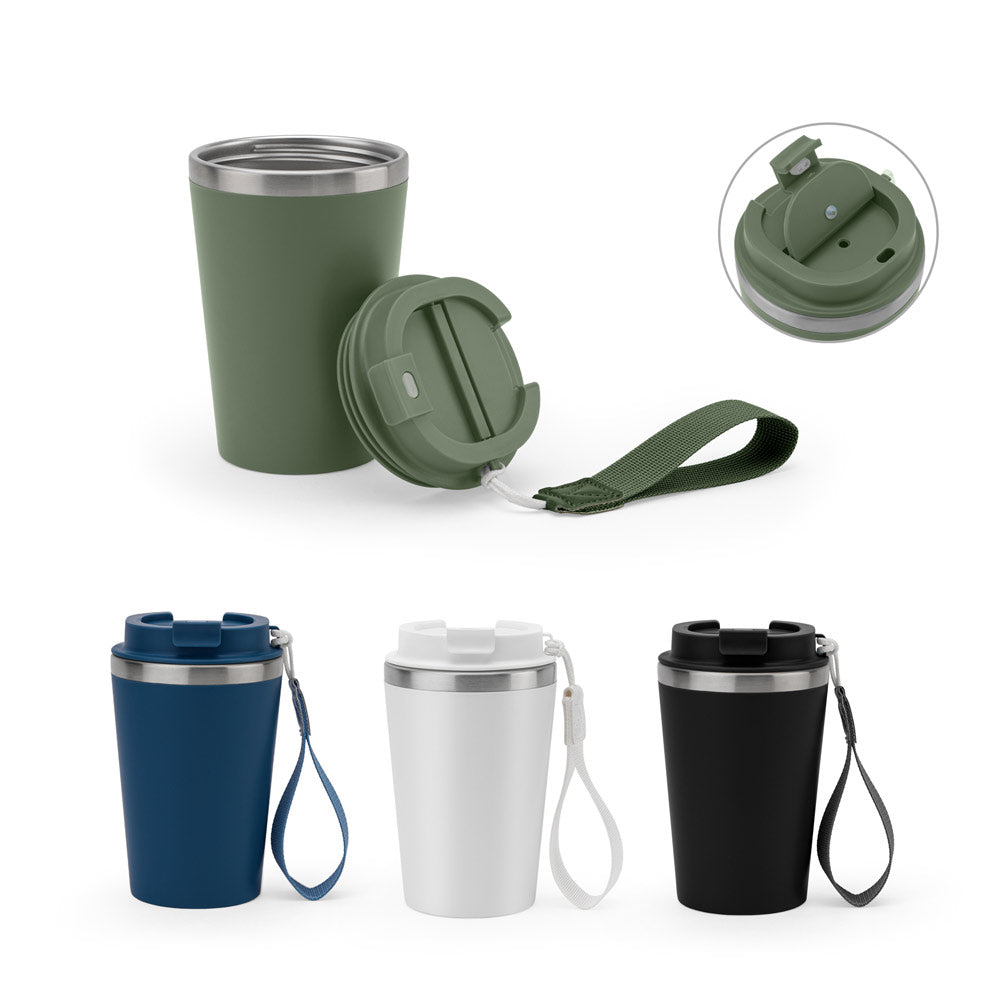 Copo de viagem em aço inox 90% reciclado com parede dupla e acabamento em mate 440 mL