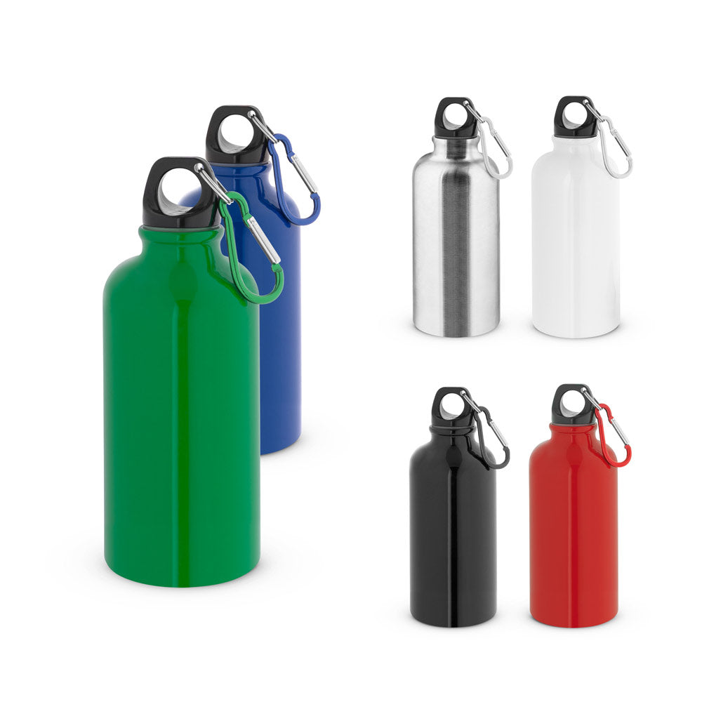 Squeeze esportiva em aço inox, de parede simples e acabamento brilhante com mosquetão 560 mL