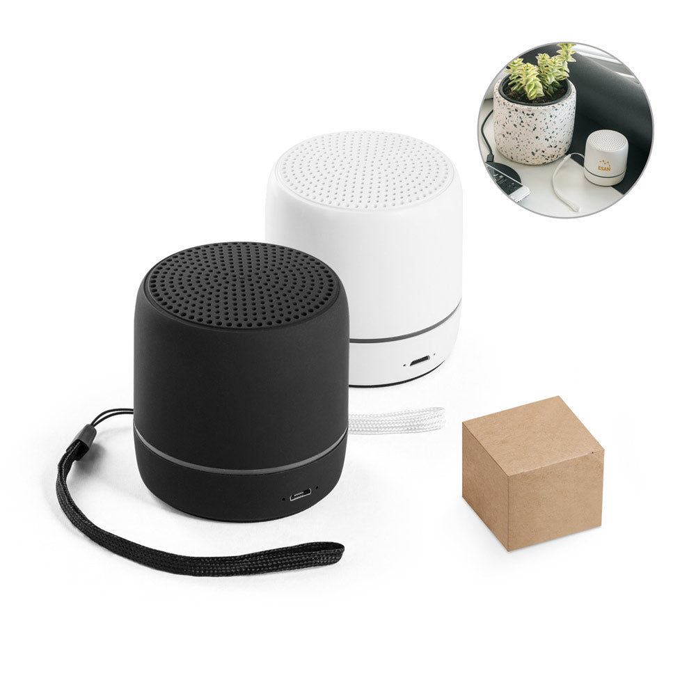Caixa de som portátil em ABS 100% reciclado com faixa LED exterio e autonomia de 4h