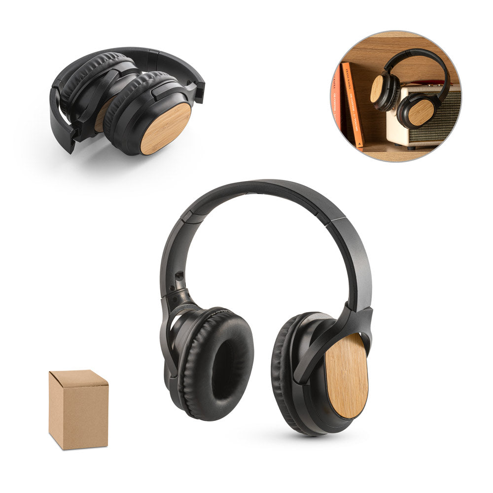 Fones de ouvido wireless em bambu e ABS com autonomia de 5h