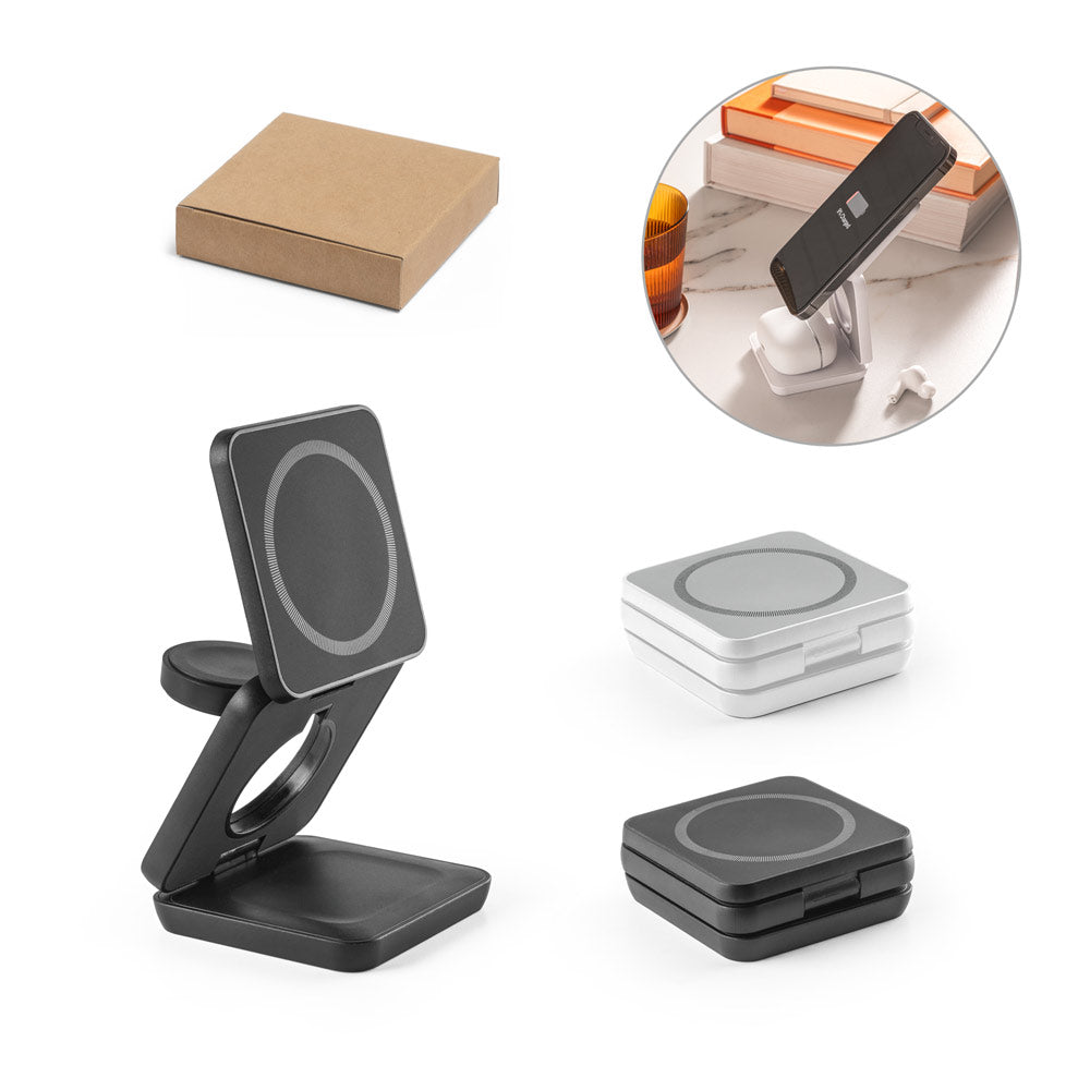 Carregador magnético por indução (wireless) super-rápido dobrável em ABS 100% reciclado que permite carregar três dispositivos simultaneamente