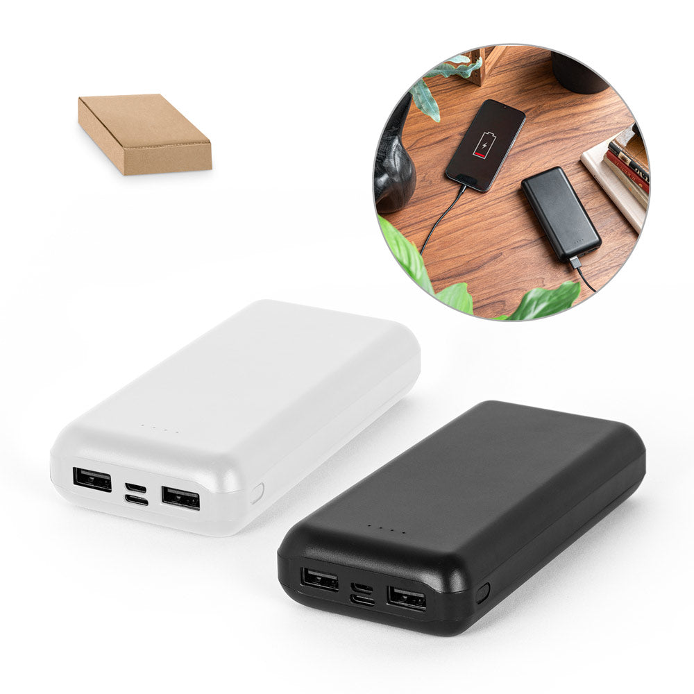 Bateria portátil em ABS 100% reciclado e capacidade de 20'000 mAh